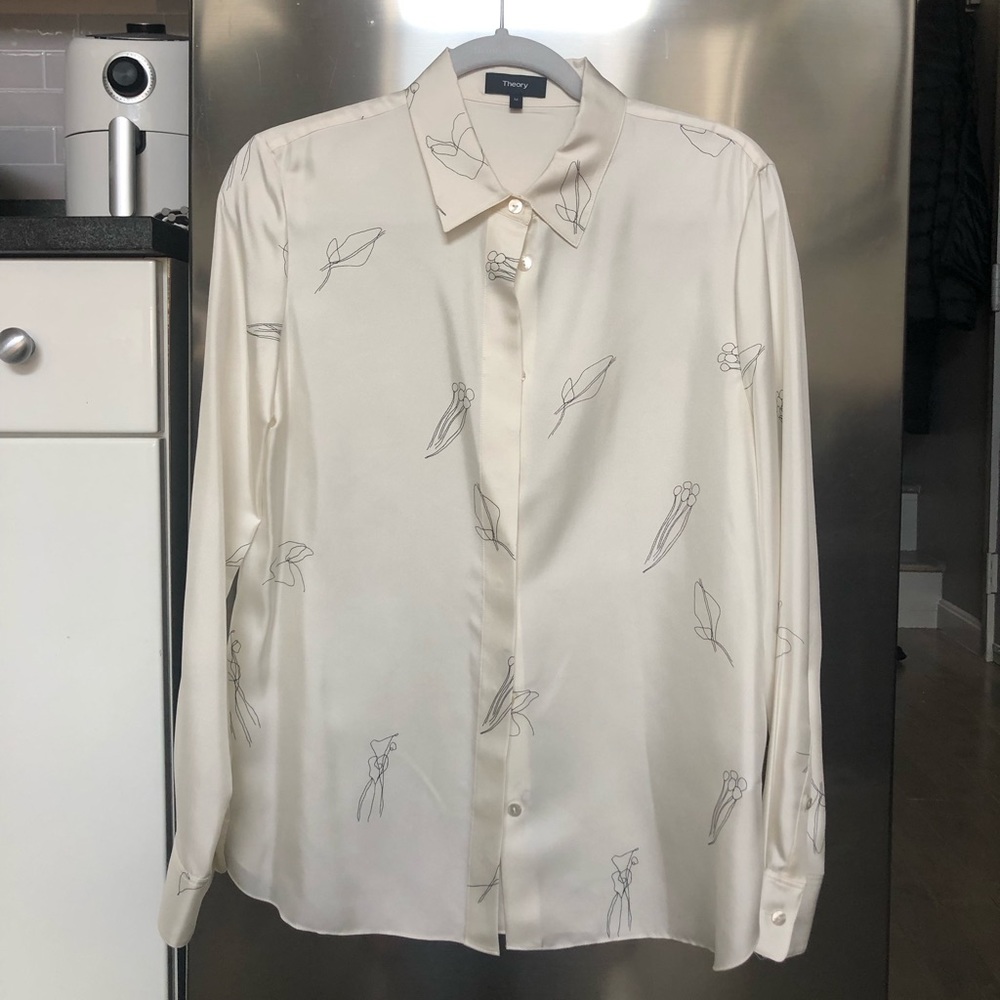 Theory Silk Dress Shirt, White with Black Detail, Women’s Medium